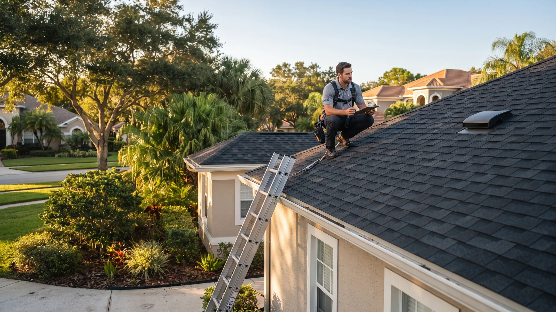 Roofing on a Fort Myers home under a warm Southwest Florida sky