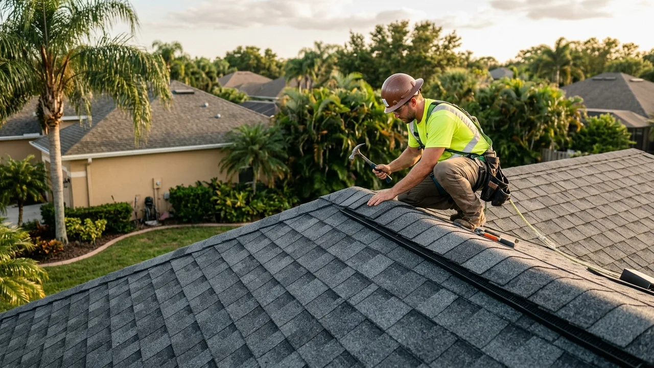 Asphalt shingle roof being repaired in Fort Myers